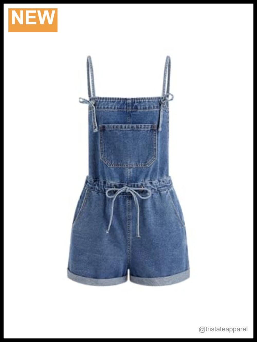 Denim Overall Shorts Romper Adjustable Tie Strap Drawstring Waist Rolled Hem